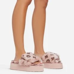 EGO Chrie Velcro Strap Printed Detail Flatform Slipper In Pink Faux Fur