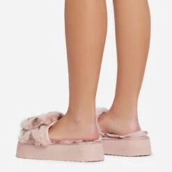 EGO Chrie Velcro Strap Printed Detail Flatform Slipper In Pink Faux Fur -EGO Sales 06 01 23 fw41938 sq