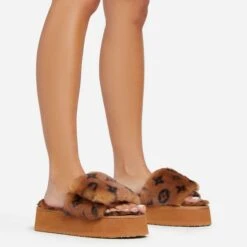 EGO Chrie Velcro Strap Printed Detail Flatform Slipper In Tan Brown Faux Fur