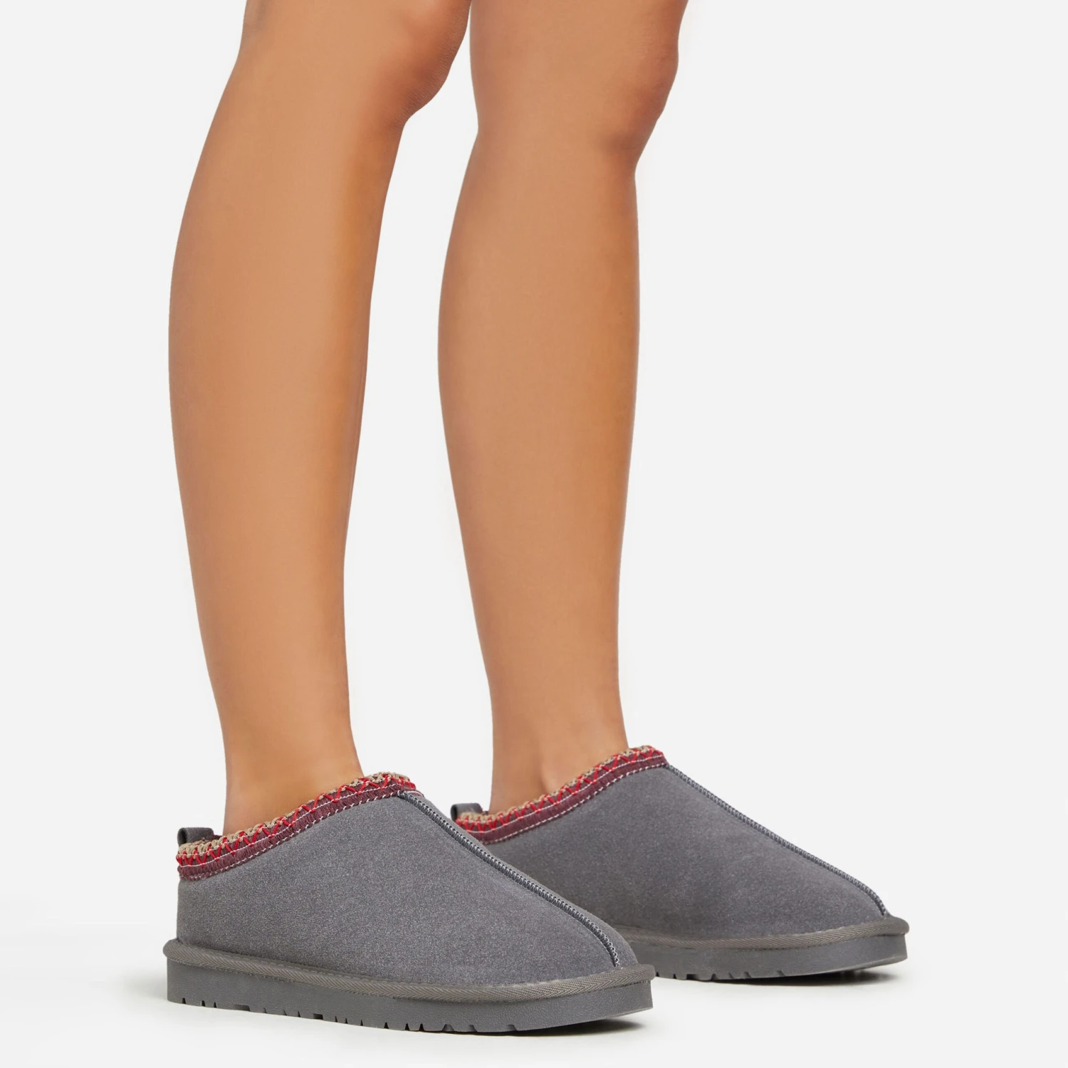 EGO Catch-Up Aztec Detail Faux Fur Lining Flat Slipper In Grey Faux Suede 4 EGO Catch-Up Aztec Detail Faux Fur Lining Flat Slipper In Grey Faux Suede - Image 2