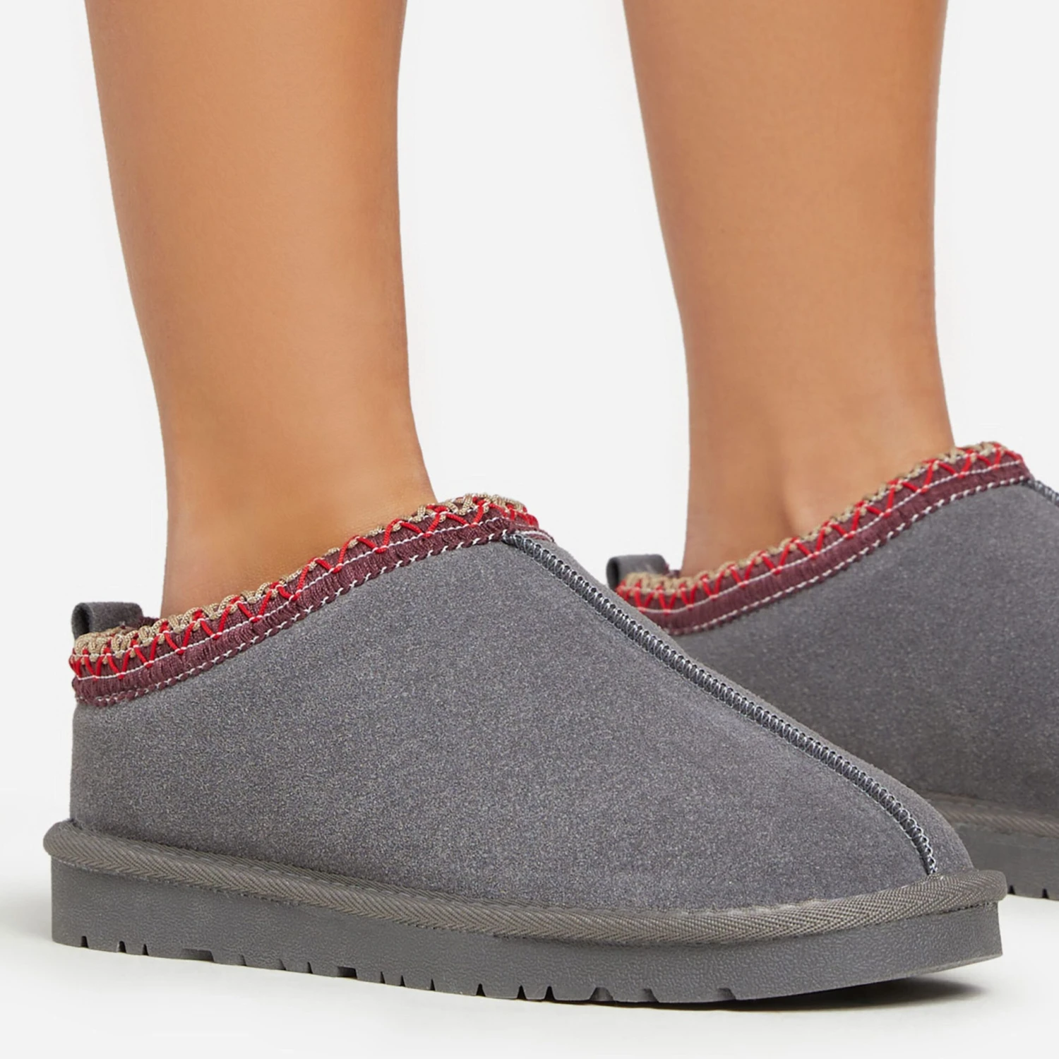 EGO Catch-Up Aztec Detail Faux Fur Lining Flat Slipper In Grey Faux Suede 5 EGO Catch-Up Aztec Detail Faux Fur Lining Flat Slipper In Grey Faux Suede - Image 3