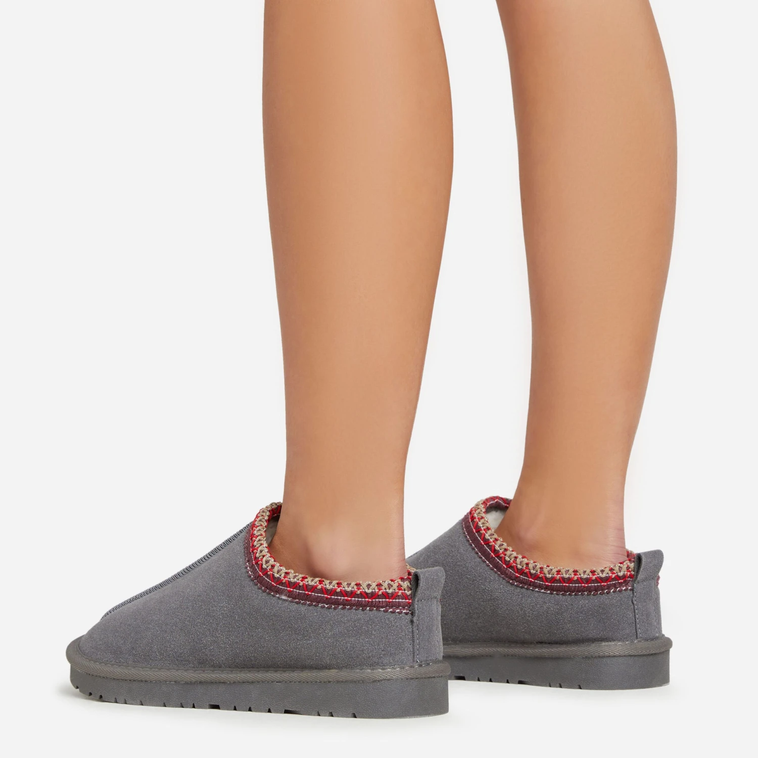 EGO Catch-Up Aztec Detail Faux Fur Lining Flat Slipper In Grey Faux Suede 6 EGO Catch-Up Aztec Detail Faux Fur Lining Flat Slipper In Grey Faux Suede - Image 4