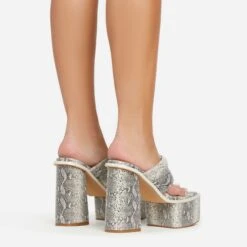 EGO Edge Padded Thong Strap Detail Square Toe Platform Block Heel Mule In Beige Snake Print Faux Leather -EGO Sales 06 01 23 fw42041 sq