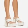 EGO Edge Padded Thong Strap Detail Square Toe Platform Block Heel Mule In Cream Faux Leather