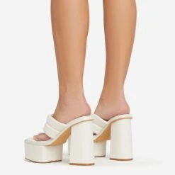 EGO Edge Padded Thong Strap Detail Square Toe Platform Block Heel Mule In Cream Faux Leather -EGO Sales 06 01 23 fw42050 sq