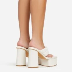 EGO Edge Padded Thong Strap Detail Square Toe Platform Block Heel Mule In Cream Faux Leather -EGO Sales 06 01 23 fw42051 sq