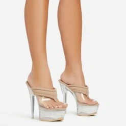 EGO Serena Padded Thong Strap Clear Perspex Platform Stiletto Heel Mule In Nude Nylon -EGO Sales 06 01 23 fw42053 s