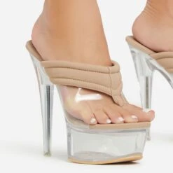 EGO Serena Padded Thong Strap Clear Perspex Platform Stiletto Heel Mule In Nude Nylon -EGO Sales 06 01 23 fw42054 sq