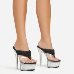 EGO Serena Padded Thong Strap Clear Perspex Platform Stiletto Heel Mule In Black Nylon -EGO Sales 06 01 23 fw42058 s