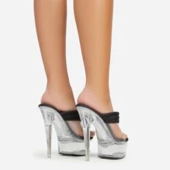 EGO Serena Padded Thong Strap Clear Perspex Platform Stiletto Heel Mule In Black Nylon -EGO Sales 06 01 23 fw42061 sb2