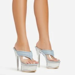 EGO Serena Padded Thong Strap Clear Perspex Platform Stiletto Heel Mule In Blue Denim -EGO Sales 06 01 23 fw42063 s