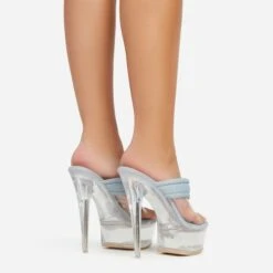 EGO Serena Padded Thong Strap Clear Perspex Platform Stiletto Heel Mule In Blue Denim -EGO Sales 06 01 23 fw42066 sb2