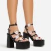 EGO Pansy Triple Strap 3D Flower Detail Platform Block Heel In Black Faux Leather -EGO Sales 06 01 23 fw42072 s