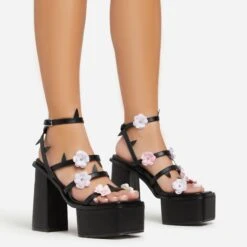 EGO Pansy Triple Strap 3D Flower Detail Platform Block Heel In Black Faux Leather