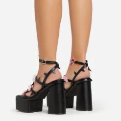 EGO Pansy Triple Strap 3D Flower Detail Platform Block Heel In Black Faux Leather -EGO Sales 06 01 23 fw42075 sb