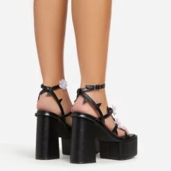 EGO Pansy Triple Strap 3D Flower Detail Platform Block Heel In Black Faux Leather -EGO Sales 06 01 23 fw42076 sb