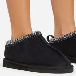 EGO Catch-Up White Aztec Detail Faux Fur Lining Flat Slipper In Black Faux Suede -EGO Sales 06 01 23 fw42089 sq