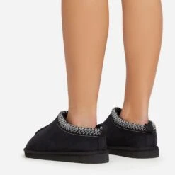 EGO Catch-Up White Aztec Detail Faux Fur Lining Flat Slipper In Black Faux Suede -EGO Sales 06 01 23 fw42090 sq