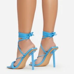 EGO Tiana Lace Up Double Strap Square Toe Stiletto Heel In Blue Faux Leather -EGO Sales 06 01 23 fw42127 sb2