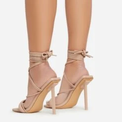 EGO Tiana Lace Up Double Strap Square Toe Stiletto Heel In Nude Faux Leather -EGO Sales 06 01 23 fw42137 sb