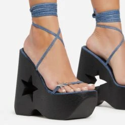 EGO Starry-Eyed Lace Up Star Detail Platform Wedge Heel In Blue Denim Faux Leather -EGO Sales 06 01 23 fw42141 sq