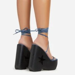 EGO Starry-Eyed Lace Up Star Detail Platform Wedge Heel In Blue Denim Faux Leather -EGO Sales 06 01 23 fw42143 sb2