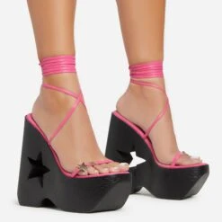EGO Starry-Eyed Lace Up Star Detail Platform Wedge Heel In Pink Faux Leather -EGO Sales 06 01 23 fw42145 s