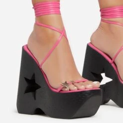 EGO Starry-Eyed Lace Up Star Detail Platform Wedge Heel In Pink Faux Leather -EGO Sales 06 01 23 fw42146 sq