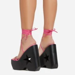 EGO Starry-Eyed Lace Up Star Detail Platform Wedge Heel In Pink Faux Leather -EGO Sales 06 01 23 fw42147 sb