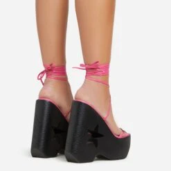 EGO Starry-Eyed Lace Up Star Detail Platform Wedge Heel In Pink Faux Leather -EGO Sales 06 01 23 fw42148 sb2