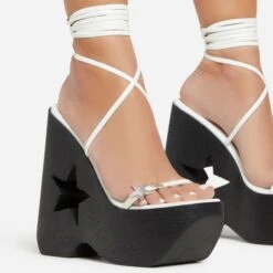 EGO Starry-Eyed Lace Up Star Detail Platform Wedge Heel In White Faux Leather -EGO Sales 06 01 23 fw42151 sq