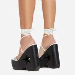 EGO Starry-Eyed Lace Up Star Detail Platform Wedge Heel In White Faux Leather -EGO Sales 06 01 23 fw42152 sb