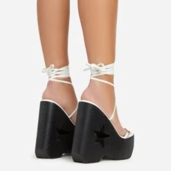 EGO Starry-Eyed Lace Up Star Detail Platform Wedge Heel In White Faux Leather -EGO Sales 06 01 23 fw42153 sb2