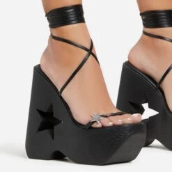 EGO Starry-Eyed Lace Up Star Detail Platform Wedge Heel In Black Faux Leather -EGO Sales 06 01 23 fw42156 sq