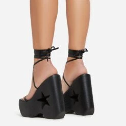 EGO Starry-Eyed Lace Up Star Detail Platform Wedge Heel In Black Faux Leather -EGO Sales 06 01 23 fw42157 sb