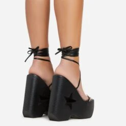 EGO Starry-Eyed Lace Up Star Detail Platform Wedge Heel In Black Faux Leather -EGO Sales 06 01 23 fw42158 sb2