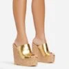 EGO After-Hours Peep Toe Cork Platform Wedge Heel Mule In Gold Faux Leather -EGO Sales 06 01 23 fw42166 sq