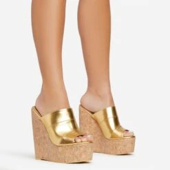 EGO After-Hours Peep Toe Cork Platform Wedge Heel Mule In Gold Faux Leather