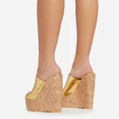 EGO After-Hours Peep Toe Cork Platform Wedge Heel Mule In Gold Faux Leather -EGO Sales 06 01 23 fw42168 sq