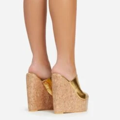 EGO After-Hours Peep Toe Cork Platform Wedge Heel Mule In Gold Faux Leather -EGO Sales 06 01 23 fw42169 sq