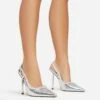 EGO Cruela Lace Up Bow Diamante Stud Detail Pointed Toe Slingback Metallic Stiletto Heel In Silver Faux Leather -EGO Sales 06 01 23 fw42207 s