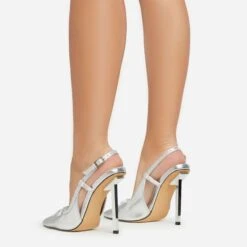 EGO Cruela Lace Up Bow Diamante Stud Detail Pointed Toe Slingback Metallic Stiletto Heel In Silver Faux Leather -EGO Sales 06 01 23 fw42209 sb