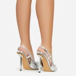 EGO Cruela Lace Up Bow Diamante Stud Detail Pointed Toe Slingback Metallic Stiletto Heel In Silver Faux Leather -EGO Sales 06 01 23 fw42210 sb2