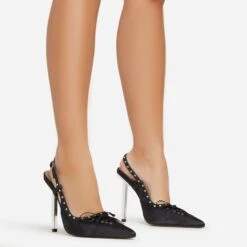 EGO Cruela Lace Up Bow Diamante Stud Detail Pointed Toe Slingback Metallic Stiletto Heel In Black Satin