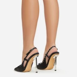 EGO Cruela Lace Up Bow Diamante Stud Detail Pointed Toe Slingback Metallic Stiletto Heel In Black Satin -EGO Sales 06 01 23 fw42214 sb