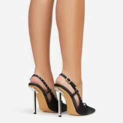 EGO Cruela Lace Up Bow Diamante Stud Detail Pointed Toe Slingback Metallic Stiletto Heel In Black Satin -EGO Sales 06 01 23 fw42215 sb2