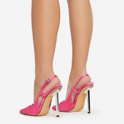 EGO Cruela Lace Up Bow Diamante Stud Detail Pointed Toe Slingback Metallic Stiletto Heel In Pink Satin -EGO Sales 06 01 23 fw42219 sb