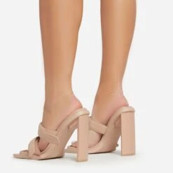 EGO Velma Double Velcro Strap Square Toe Thin Curved Block Heel Mule In Nude Faux Leather -EGO Sales 06 01 23 fw42244 sb