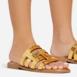 EGO Milli Caged Detail Flat Slider Sandal In Gold Croc Print Faux Leather -EGO Sales 06 01 23 fw42329 sq