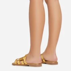 EGO Milli Caged Detail Flat Slider Sandal In Gold Croc Print Faux Leather -EGO Sales 06 01 23 fw42330 sb2
